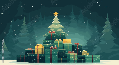 serene vector scene of a stack of beautifully wrapped Christmas presents, nestled against a solid, _flat color_ background in a rich forest green.  photo