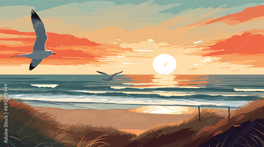 vector scene portraying a heath by the sea on a clear summer day. seagull in mid-flight, is the focal point, its wings spread wide against the backdrop of a striking sunset sky.  - obrazy, fototapety, plakaty 