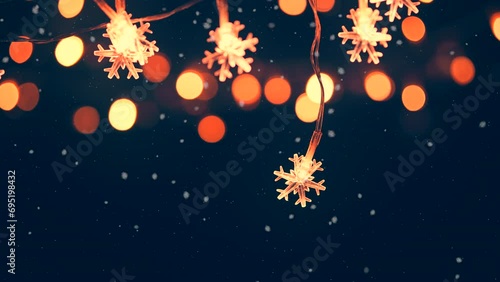 Christmas snowflakes lights bokeh with falling snow, snowflakes, Winter merry Christmas and new year holidays. copy space. photo