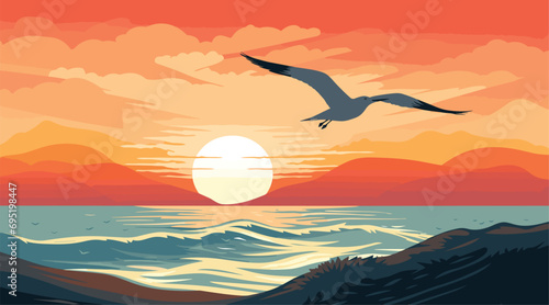 vector scene portraying a heath by the sea on a clear summer day. seagull in mid-flight, is the focal point, its wings spread wide against the backdrop of a striking sunset sky. 
