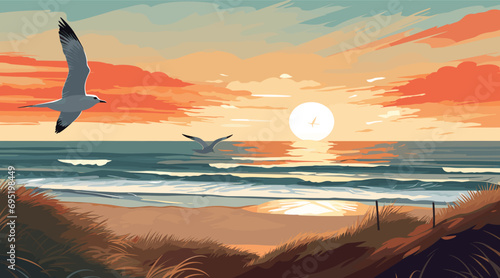 vector scene portraying a heath by the sea on a clear summer day. seagull in mid-flight, is the focal point, its wings spread wide against the backdrop of a striking sunset sky.  photo