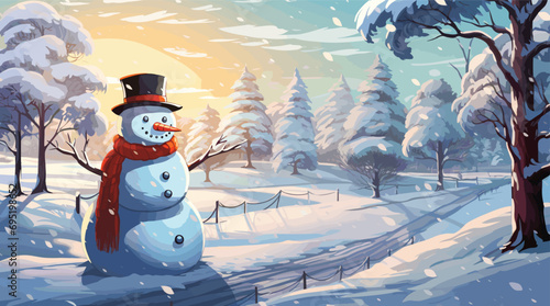 winter wonderland landscape with a charming snowman as the subject. intricate details in the snowflakes and the snowman's accessories, all in harmonious and festive colors