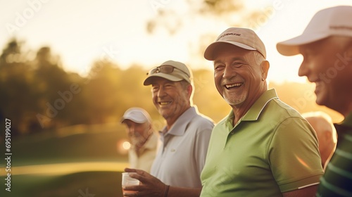 A group of seniors enjoying playing golf together outdoors at the country club. sunset in summer photo