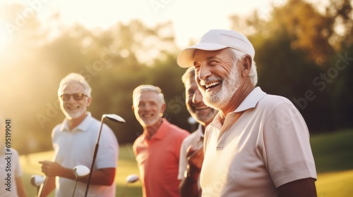 A group of seniors enjoying playing golf together outdoors at the country club. sunset in summer photo