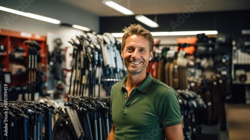 Smiling handsome man choosing golf clubs in golf shop photo