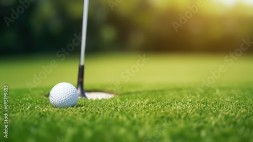White golf ball on a golf tee and golf clubs on the grass
