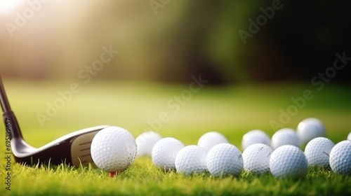 White golf ball on a golf tee and golf clubs on the grass