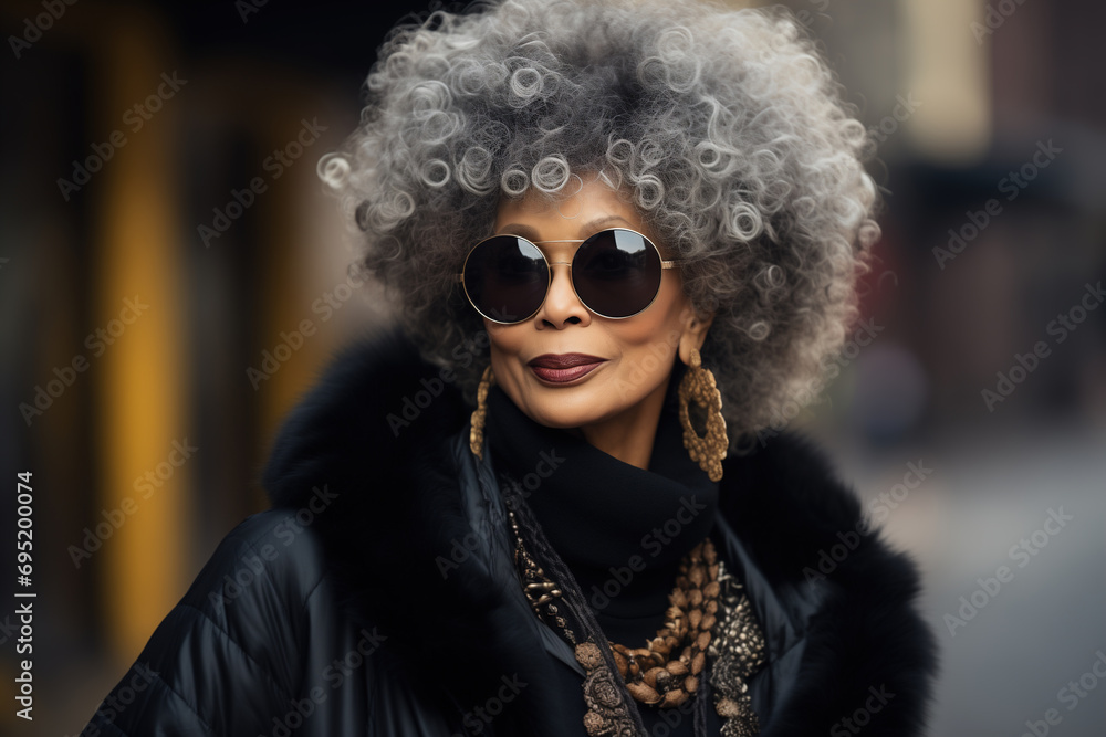 Stylish middle aged African American woman with gray curly afro hairstyle wearing jacket and sunglasses outdoors, winter women's fashion lifestyle Stylish middle aged African American woman with gray curly afro hairstyle wearing jacket and sunglasses outdoors, winter women's fashion lifestyle