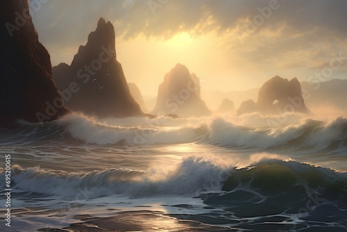 A dramatic seascape with waves crashing against dramatic sea stacks, shrouded in mist and illuminated by the soft light of dawn