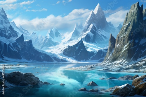 A breathtaking view of a glacier-carved fjord, surrounded by towering cliffs and snow-capped peaks under a clear, blue sky