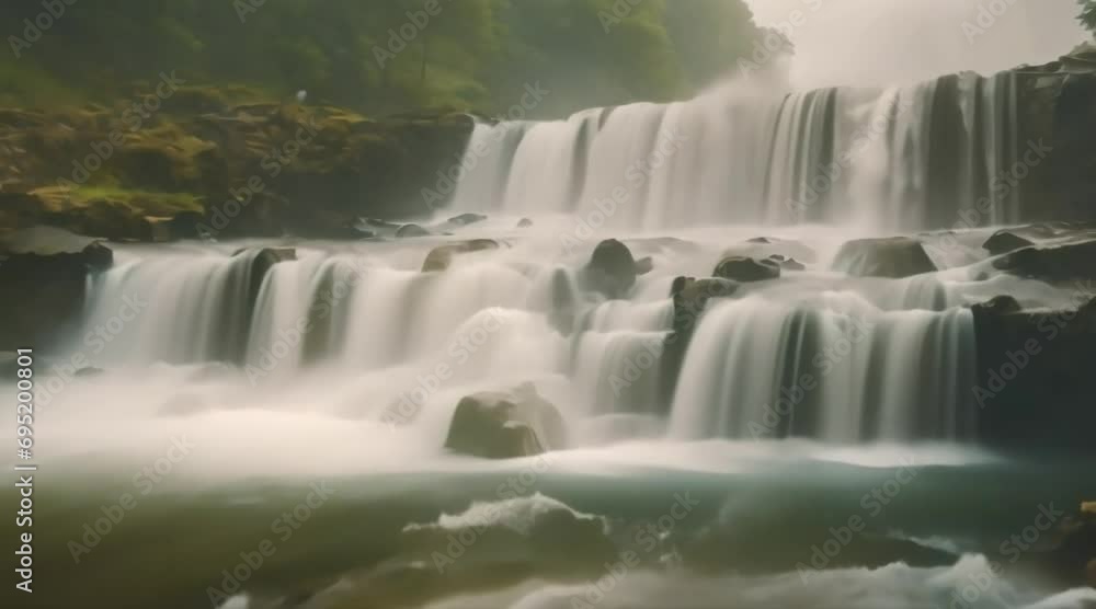 Cinematic waterfall fog Generative AI. Virtual video scene animated background