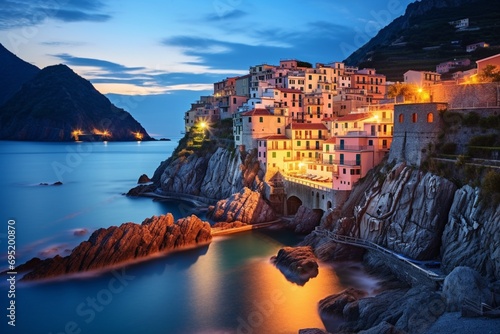 A peaceful coastal village at sunset, with quaint houses perched on cliffs overlooking the calm, azure waters of the sea