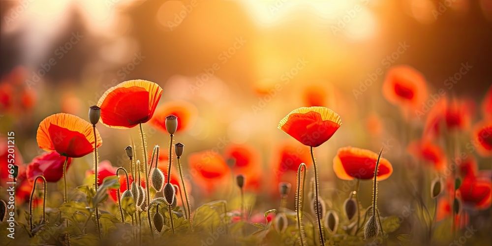 Colorful spring summer landscape with red poppy flowers in meadow in nature glow in sun. Selective focus, shallow depth of field - obrazy, fototapety, plakaty 