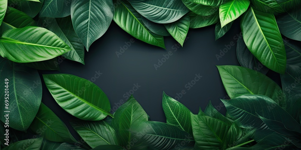 Creative layout composition frame of juicy green leaves with beautiful texture with paper card note, macro. Flat lay. Nature concept, copy space - obrazy, fototapety, plakaty 