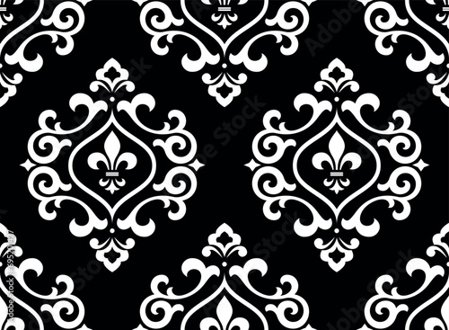 Wallpaper in the style of Baroque. Seamless vector background. White and black floral ornament. Graphic pattern for fabric, wallpaper, packaging. Ornate Damask flower ornament
