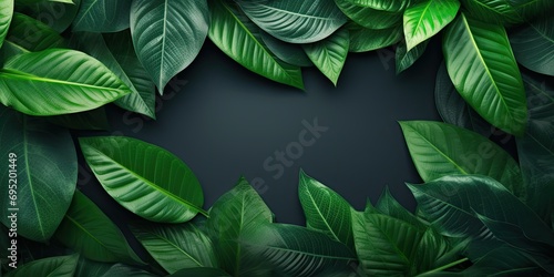 Creative layout composition frame of juicy green leaves with beautiful texture with paper card note, macro. Flat lay. Nature concept, copy space photo