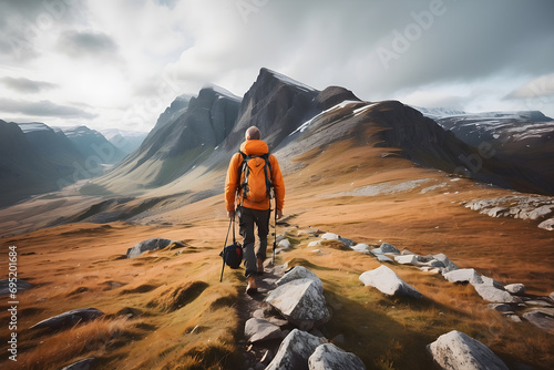 Man solo traveling backpacker hiking in scandinavian mountains active healthy lifestyle adventure journey vacations © RUBEL PATHAN
