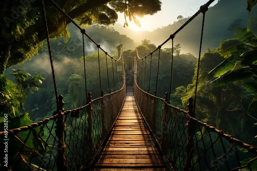 A network of suspension bridges high above a lush, tropical rainforest, with sunlight streaming through the dense canopy photo