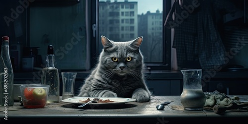  Serious beautiful cat is sitting at the kitchen table