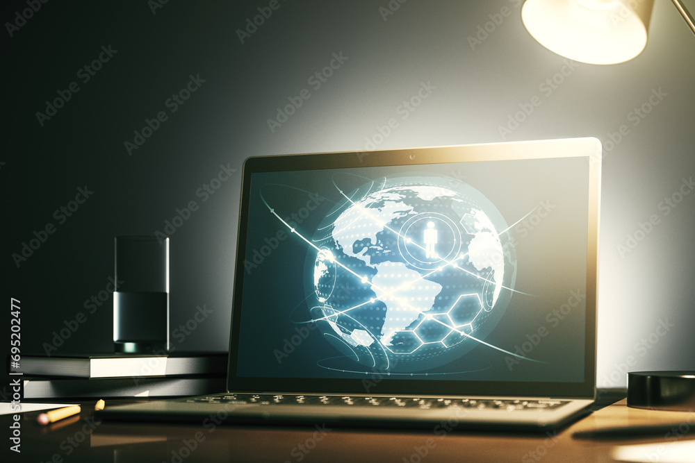Social network media concept with world map on modern computer monitor. 3D Rendering Social network media concept with world map on modern computer monitor. 3D Rendering