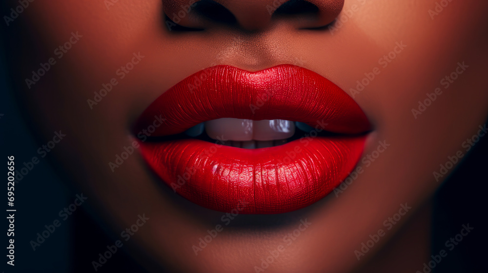 Lips with red lipstick and white teeth of a beautiful, elegant, sexy white woman with perfect skin, close-up. Lips with red lipstick and white teeth of a beautiful, elegant, sexy white woman with perfect skin, close-up.