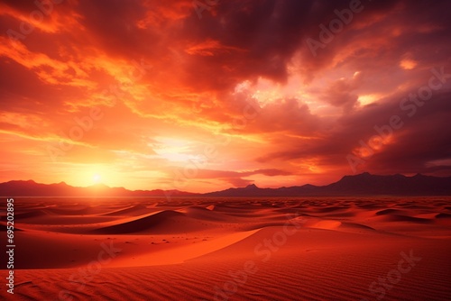 A fiery red and orange sky over a vast desert  with towering sand dunes casting long shadows in the fading light