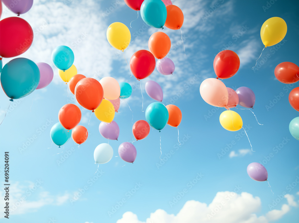 Balloons Soaring in Blue Sky with Fluffy Clouds