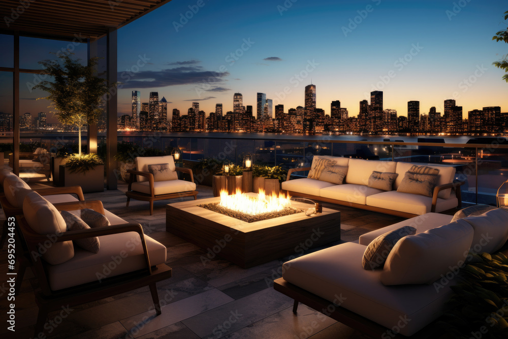 A contemporary rooftop terrace with a fire pit, lounge seating, and city views