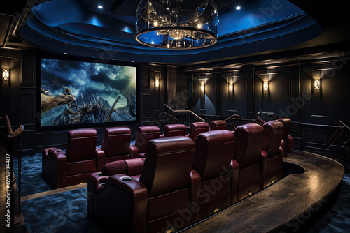 A contemporary home theater with tiered seating, a large screen, and ambient lighting