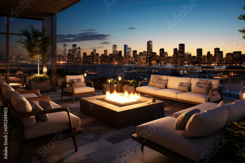 A contemporary rooftop terrace with a fire pit, lounge seating, and city views