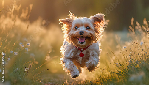 Cute little dog runnig in the field with copy space photo