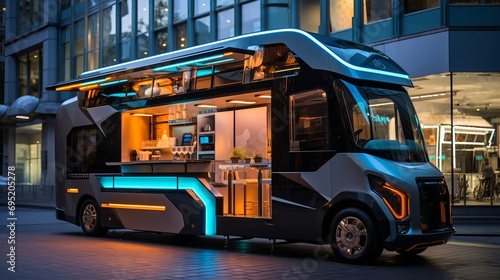 A futuristic food truck representing the future of fast food and food delivery , advancement in automobile