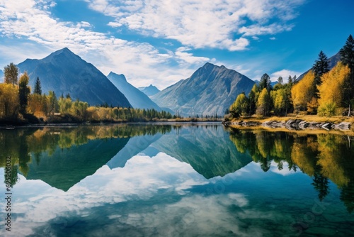 A crystal-clear mountain lake reflecting a pristine, cloud-streaked sky on a crisp fall morning