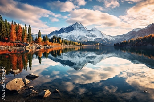 A crystal-clear mountain lake reflecting a pristine, cloud-streaked sky on a crisp fall morning