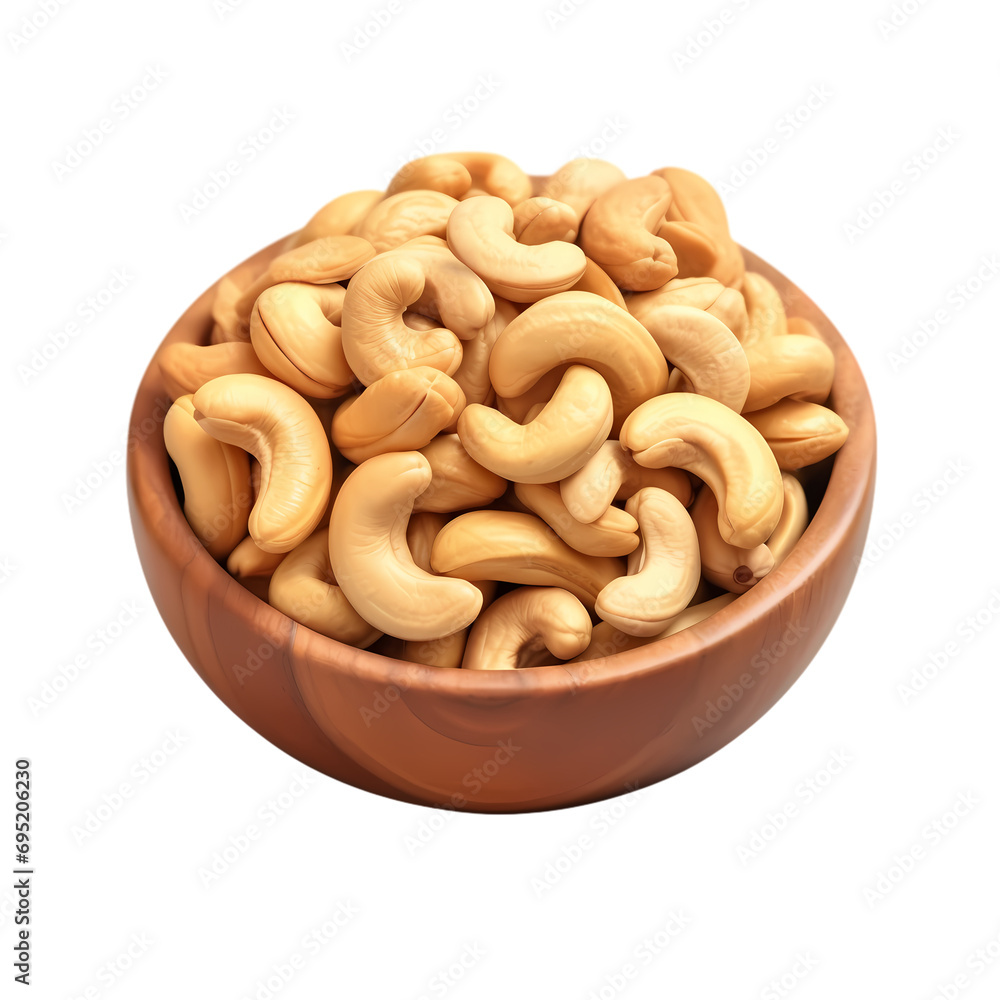 Cashew nuts in wooden bowl isolated on transparent background Cashew nuts in wooden bowl isolated on transparent background