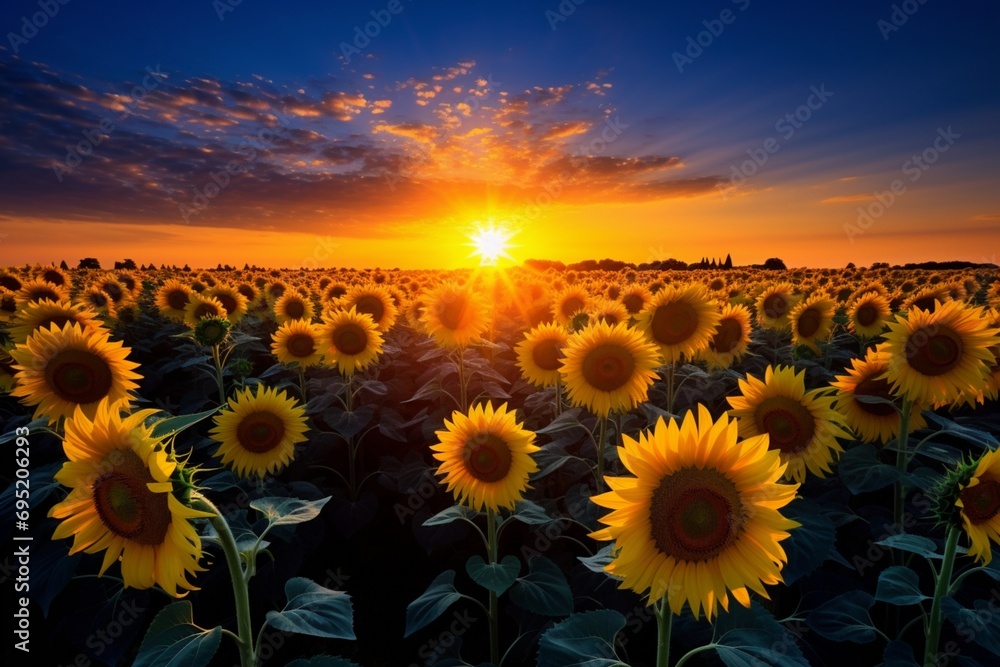 A field of wild sunflowers stretching towards the horizon under the brilliance of a midsummer sun