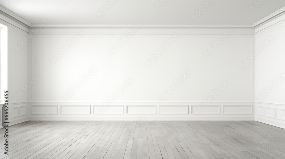 Empty white room with wood floor. White interior. Empty white room with wood floor. White interior.