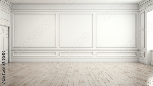 Empty white room with wood floor. White interior.