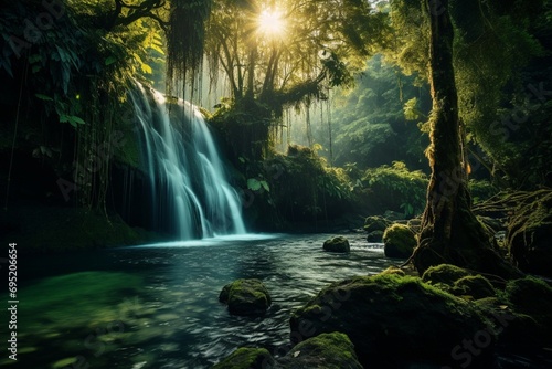 Enchanting waterfall cascading through lush emerald canopies, catching the first rays of dawn's soft glow