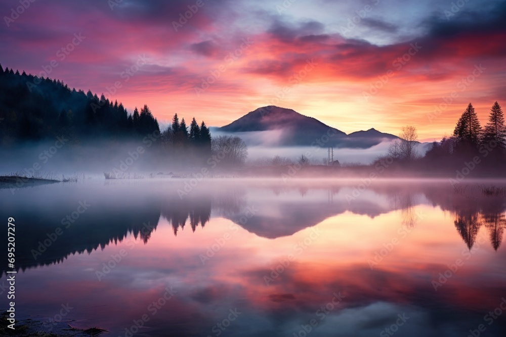 A mist-covered lake reflecting the vivid colors of a sunrise sky, with silhouettes of distant mountains