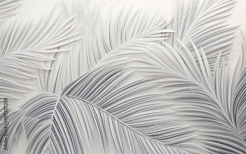 Tropical leaves 3d light gray color on white background, coconut palm branches, abstract background of modern composition for a design cover or wallpaper, print on fabric, illustration Generative AI