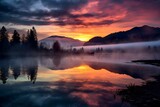 A mist-covered lake reflecting the vivid colors of a sunrise sky, with silhouettes of distant mountains