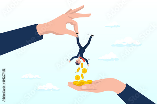 Greed businessman hold small people shaking to get all their money, tax hike, government increase tax or steal money from people, loan interest to pay off, unethical people overcharge bills (Vector)