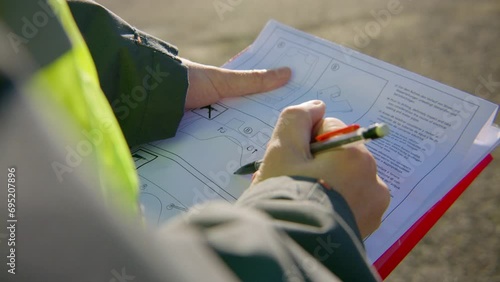 Engineer reading and analyzing schematics on the clipboard while holding a pen, handheld closeup photo
