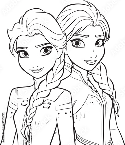 hand drawn doodle art of Anna and elsa coloring page illustration