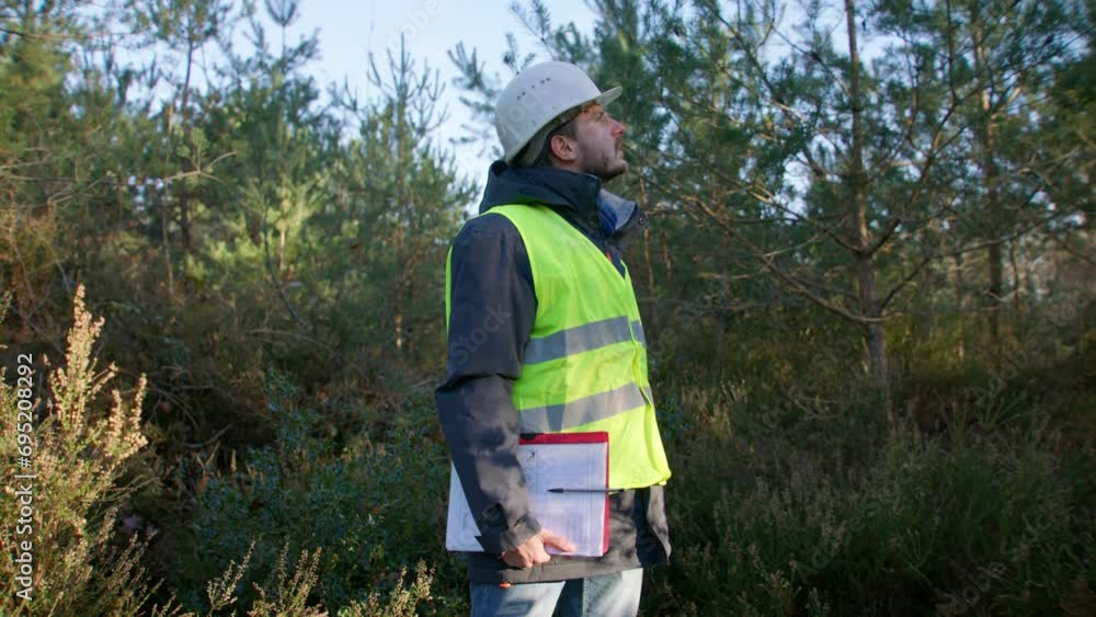Male engineer looking upwards at the trees while holding his clipboard in the middle of the forest, handheld closeup Male engineer looking upwards at the trees while holding his clipboard in the middle of the forest, handheld closeup