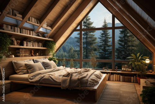 A cozy attic bedroom with slanted ceilings, a window seat, and soft lighting