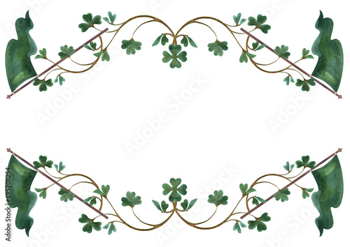 Frame of shamrock clover sprigs with vintage Irish green flag. Decoration for St. Patrick's Day. Isolated watercolor illustration on white background. Clipart.