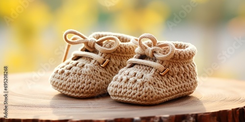 Knitted baby shoes on a delicate backdrop evoke the tender touch of infancy.
