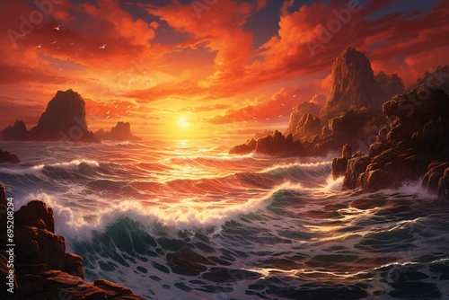 A sweeping view of a coastal bluff, with waves crashing against rugged cliffs beneath a fiery sky